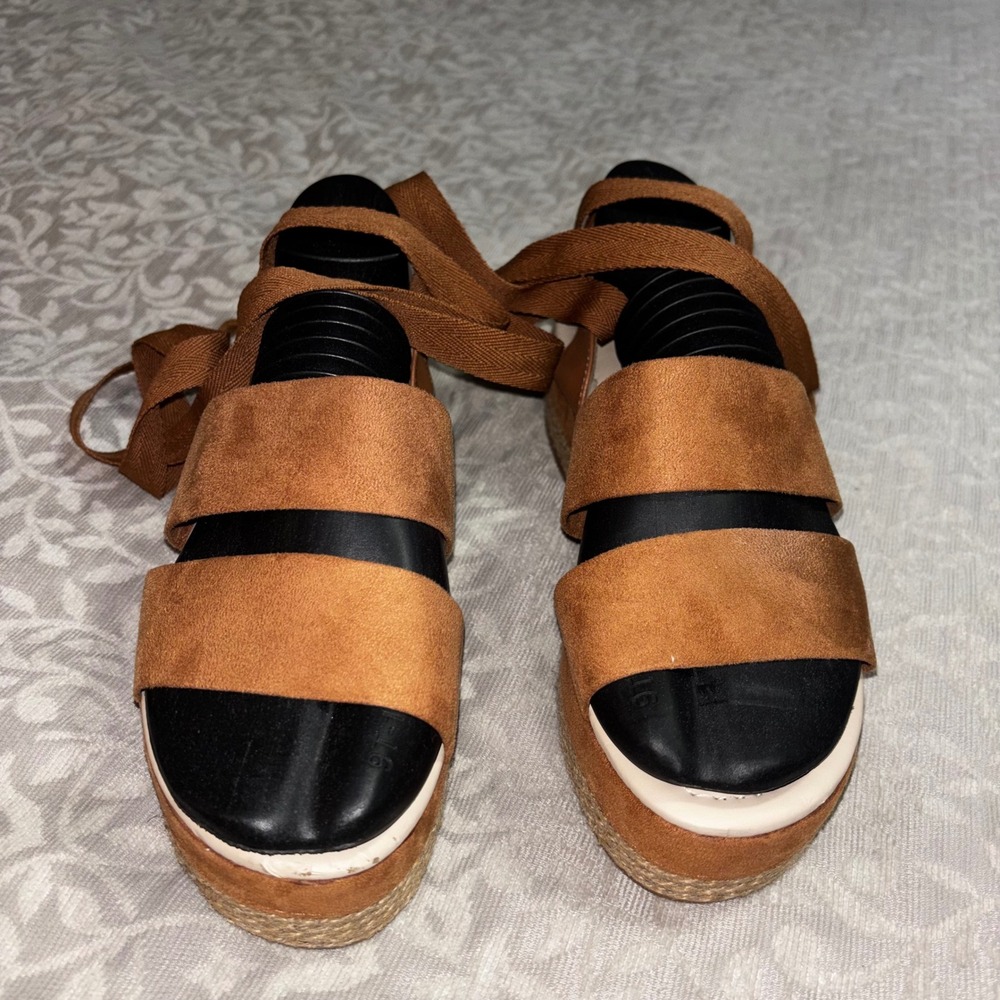 Ego Moleca Tan Faux Suede Platform Espadrille Lace Up Sandals - Picture 12 of 12